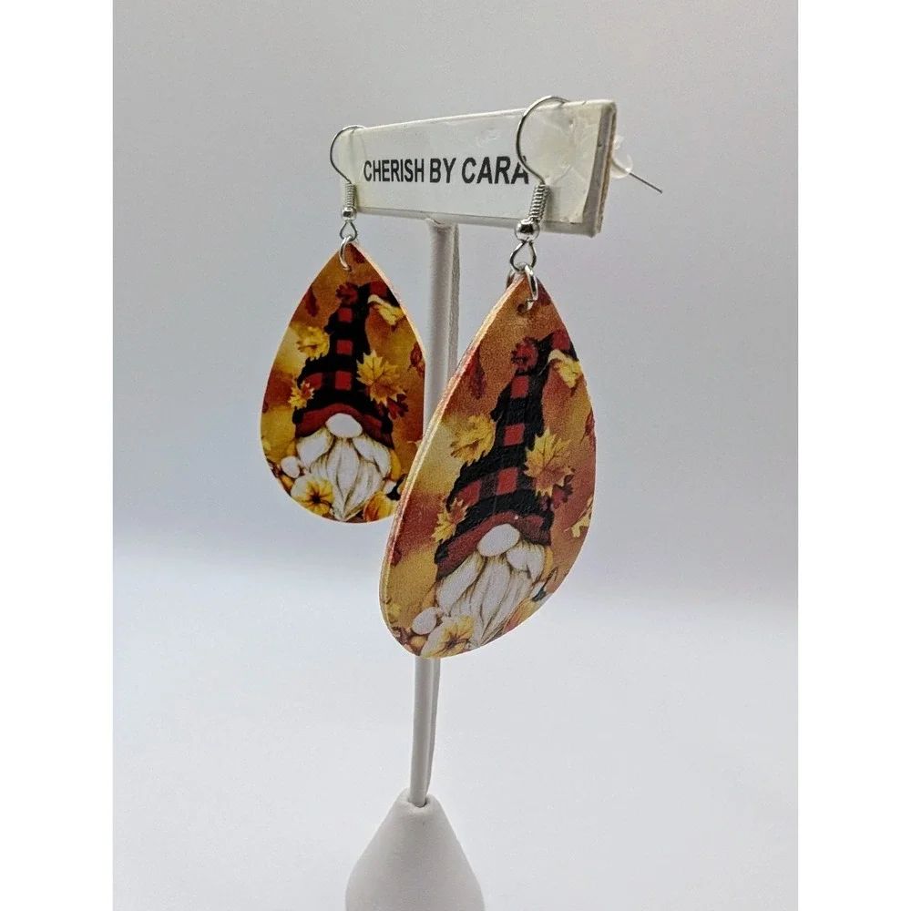 Handmade Fall Gnome Plaid Hat Autumn Teardrop Earrings Dangle Faux Leather